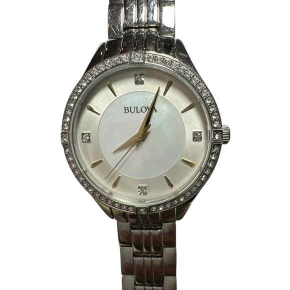 Bulova Crystal Quartz White MOP Dial Stainless Steel Ladies Watch 96L282 Silver - Picture 2 of 5